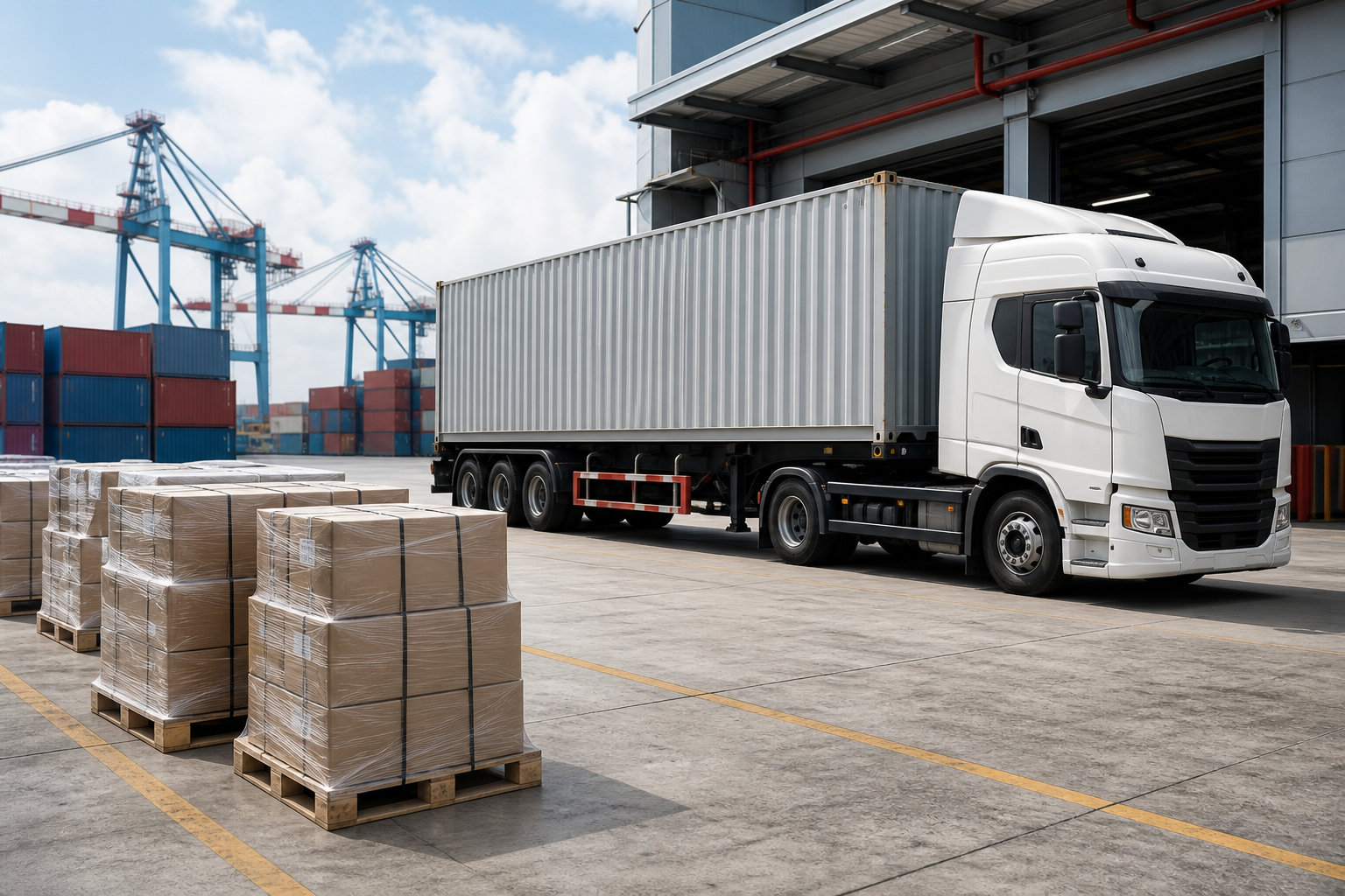 Camion con contenedor y carga de repuestos en puerto