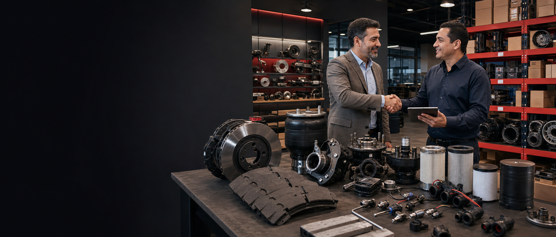 Supplier and distributor forming a partnership beside a heavy-duty replacement-parts display